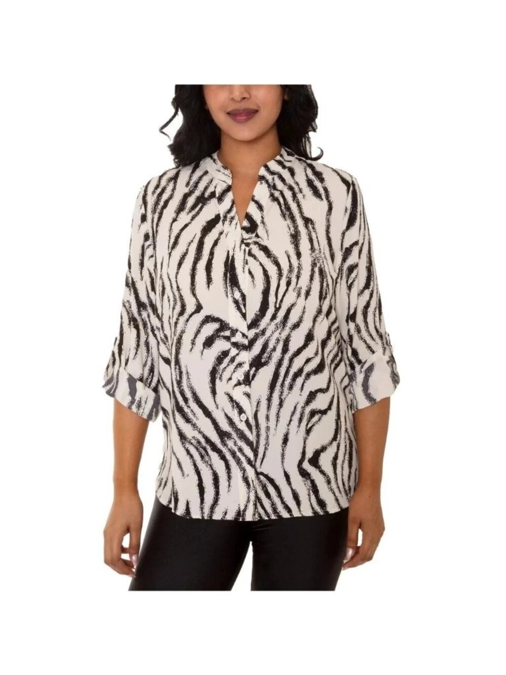 Mario Serrani Womens Zebra Print Blouse Black & Ivory Size XL Long Sleeves